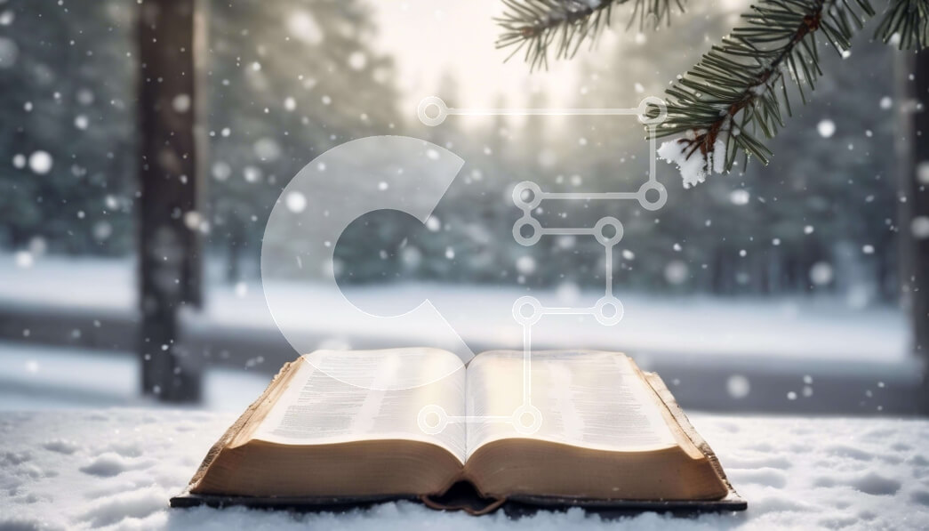 Intra Συλλεκτικό Ξύλινο Παζλ Plywood  4mm - Ανοιχτή Βίβλος σε χιονισμένο τραπέζι μπροστά από πεύκα Σε Ξύλινο Κουτί - Διαστάσεις Puzzle: 10x10 cm – 25 κομμάτια