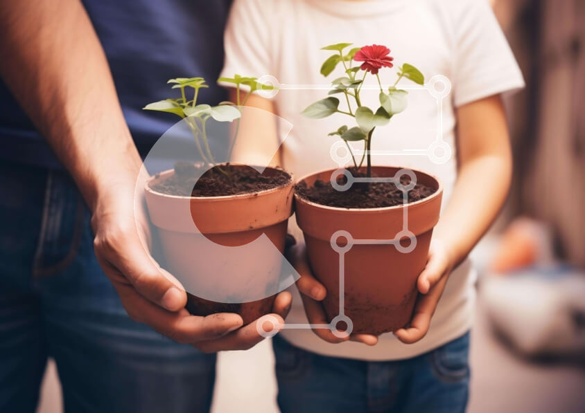 Intra Συλλεκτικό Ξύλινο Παζλ Plywood  4mm - Άνδρας και παιδί με φυτά σε γλάστρες Σε Ξύλινο Κουτί - Διαστάσεις: 10x10 cm – 25 κομμάτια