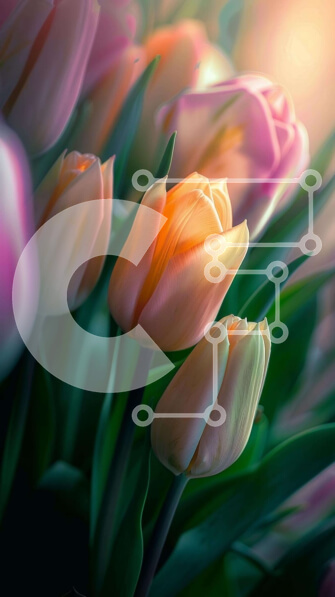 Σετ των 2 Intra Συλλεκτικό Ξύλινο Παζλ Plywood  4mm - Ροζ και πορτοκαλί τουλίπες που ανθίζουν στο φως του ήλιου Σε Ξύλινο Κουτί - Διαστάσεις: 10x10 cm – 25 κομμάτια