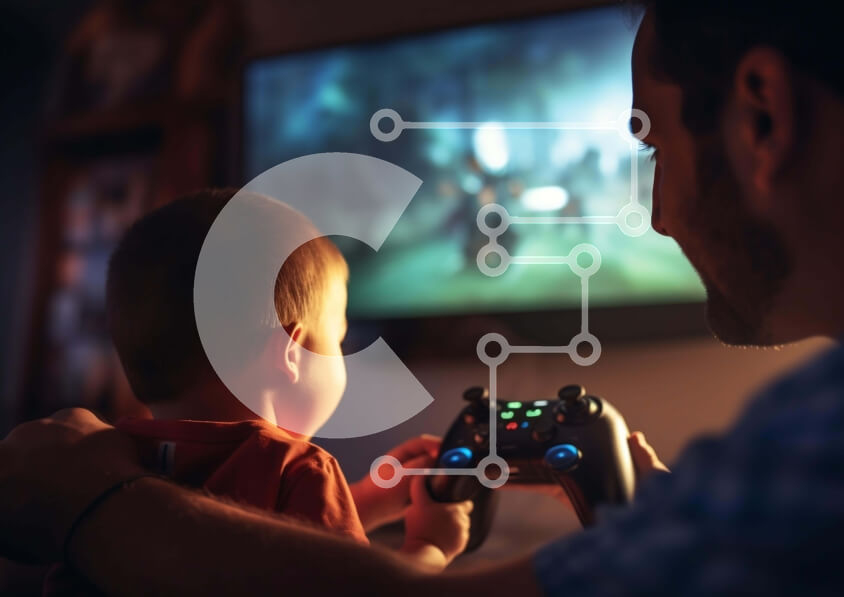 Intra Συλλεκτικό Ξύλινο Παζλ Plywood  4mm - Πατέρας και παιδί παίζουν βιντεοπαιχνίδια Σε Ξύλινο Κουτί - Διαστάσεις Puzzle: 10x10 cm – 25 κομμάτια