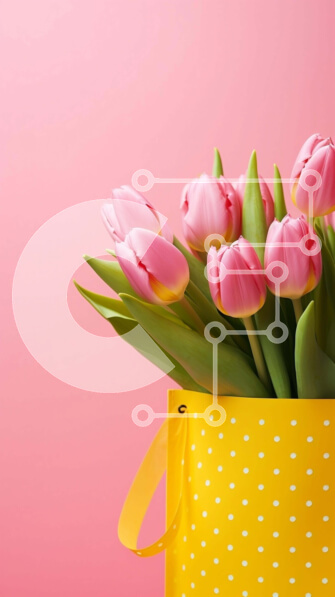 Σετ των 2 Intra Συλλεκτικό Ξύλινο Παζλ Plywood  4mm - Κίτρινη χάρτινη τσάντα με ροζ τουλίπες σε ροζ φόντο Σε Ξύλινο Κουτί - Διαστάσεις: 10x10 cm – 25 κομμάτια