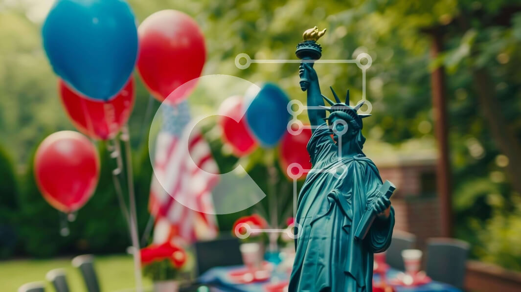 Intra Συλλεκτικό Ξύλινο Παζλ Plywood  4mm - Άγαλμα της ελευθερίας με κόκκινα, λευκά και μπλε μπαλόνια Σε Ξύλινο Κουτί - Διαστάσεις: 10x10 cm – 25 κομμάτια