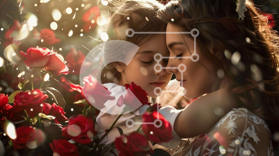 Intra Συλλεκτικό Ξύλινο Παζλ Plywood  4mm - Μητέρα και κόρη αγκαλιάζονται ανάμεσα σε κόκκινα τριαντάφυλλα με σταγόνες βροχής Σε Ξύλινο Κουτί - Διαστάσεις Puzzle: 10x10 cm – 25 κομμάτια