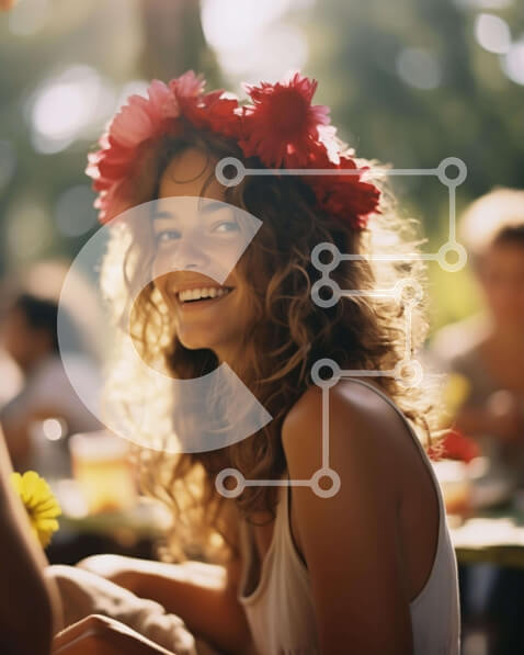 Intra Συλλεκτικό Ξύλινο Παζλ Plywood  4mm - Νεαρή γυναίκα με λουλούδια σε υπαίθρια συγκέντρωση Σε Ξύλινο Κουτί - Διαστάσεις Puzzle: 10x10 cm – 25 κομμάτια