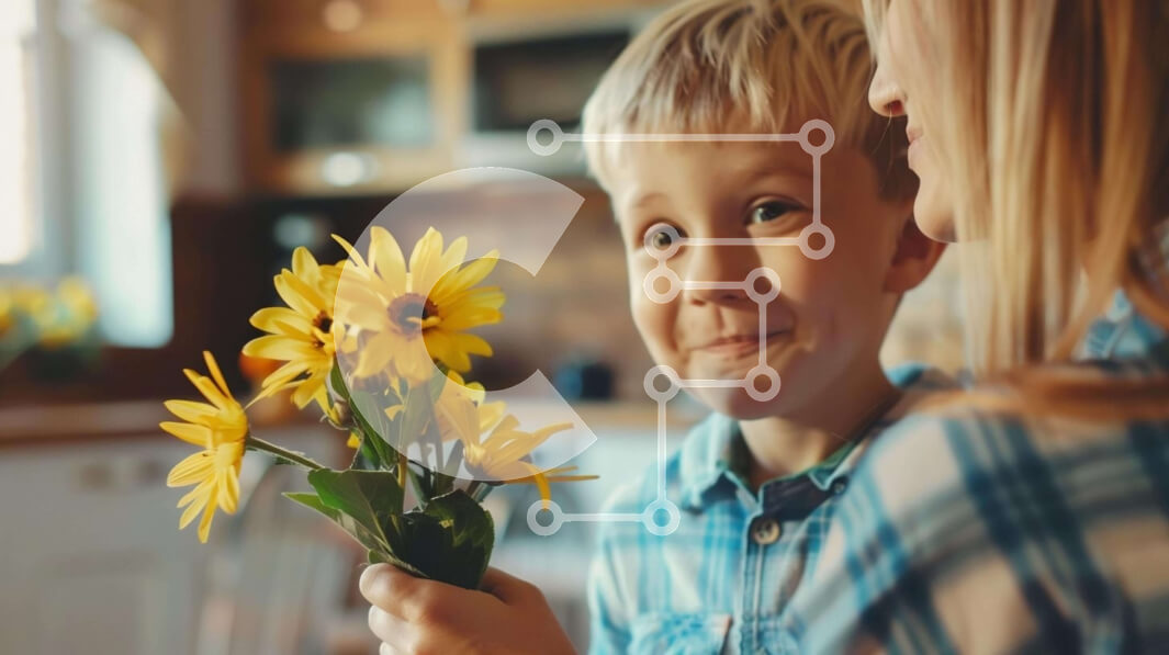 Intra Συλλεκτικό Ξύλινο Παζλ Plywood  4mm - Νεαρό αγόρι και μητέρα με λουλούδια Σε Ξύλινο Κουτί - Διαστάσεις Puzzle: 10x10 cm – 25 κομμάτια