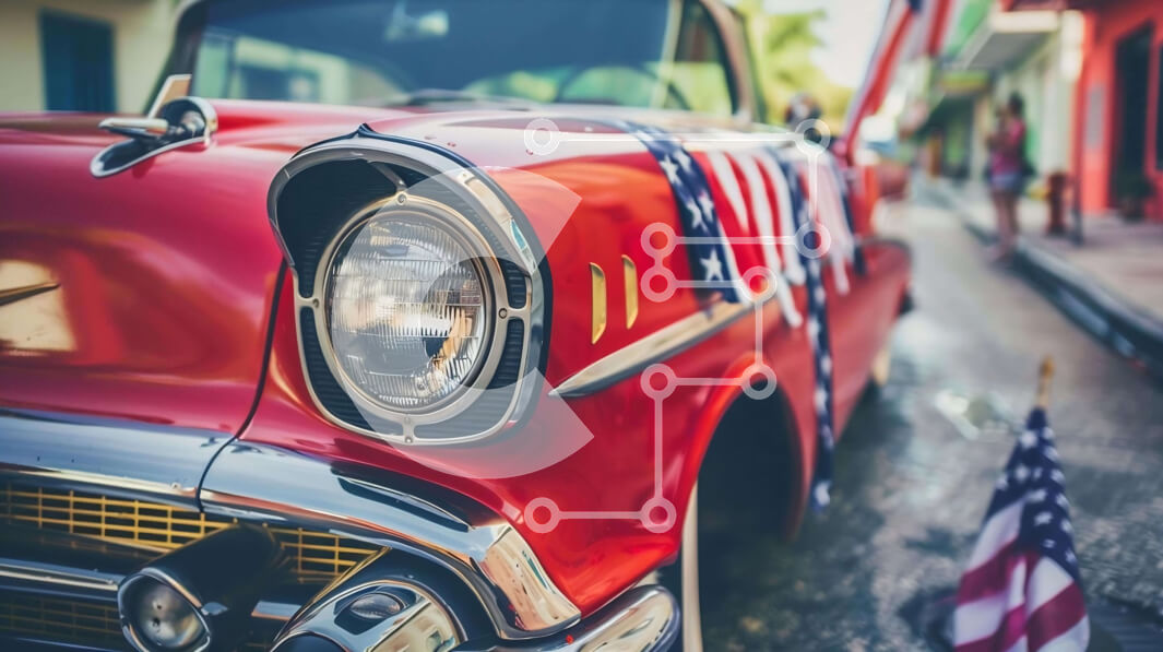 Intra Συλλεκτικό Ξύλινο Παζλ Plywood  4mm - Vintage κόκκινο αυτοκίνητο με αμερικανική σημαία στην οδό Σε Ξύλινο Κουτί - Διαστάσεις Puzzle: 10x10 cm – 25 κομμάτια