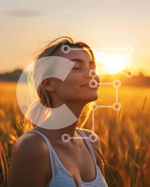 Intra Συλλεκτικό Ξύλινο Παζλ Plywood  4mm - Γυναίκα που στέκεται στο χωράφι σίτου στο ηλιοβασίλεμα με κλειστά μάτια Σε Ξύλινο Κουτί - Διαστάσεις: 10x10 cm – 25 κομμάτια