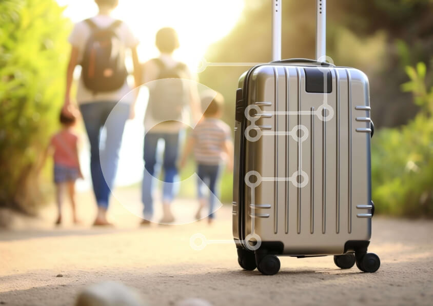 Intra Συλλεκτικό Ξύλινο Παζλ Plywood  4mm - Σκηνή ταξιδιού με ασημένια βαλίτσα και άτομα που περπατούν Σε Ξύλινο Κουτί - Διαστάσεις Puzzle: 10x10 cm – 25 κομμάτια