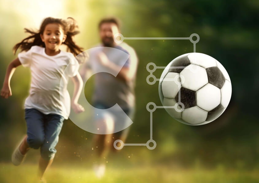 Intra Συλλεκτικό Ξύλινο Παζλ Plywood  4mm - Οικογενειακή διασκέδαση: Νεαρό κορίτσι που τρέχει με τον πατέρα να παίζει ποδόσφαιρο Σε Ξύλινο Κουτί - Διαστάσεις Puzzle: 10x10 cm – 25 κομμάτια