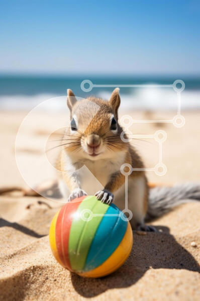 Σετ των 2 Intra Συλλεκτικό Ξύλινο Παζλ Plywood  4mm - Περίεργος σκίουρος που παίζει με την μπάλα στην παραλία Σε Ξύλινο Κουτί - Διαστάσεις: 10x10 cm – 25 κομμάτια