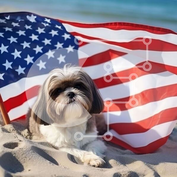 Intra Συλλεκτικό Ξύλινο Παζλ Plywood  4mm - Μικρό σκυλί στην παραλία με αμερικανική σημαία Σε Ξύλινο Κουτί - Διαστάσεις: 10x10 cm – 25 κομμάτια