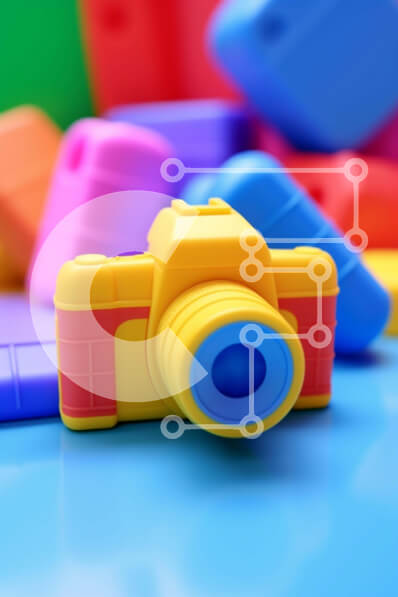 Intra Συλλεκτικό Ξύλινο Παζλ Plywood  4mm - Κίτρινη κάμερα παιχνιδιού που περιβάλλεται από πολύχρωμα μπλοκ Σε Ξύλινο Κουτί - Διαστάσεις: 10x10 cm – 25 κομμάτια