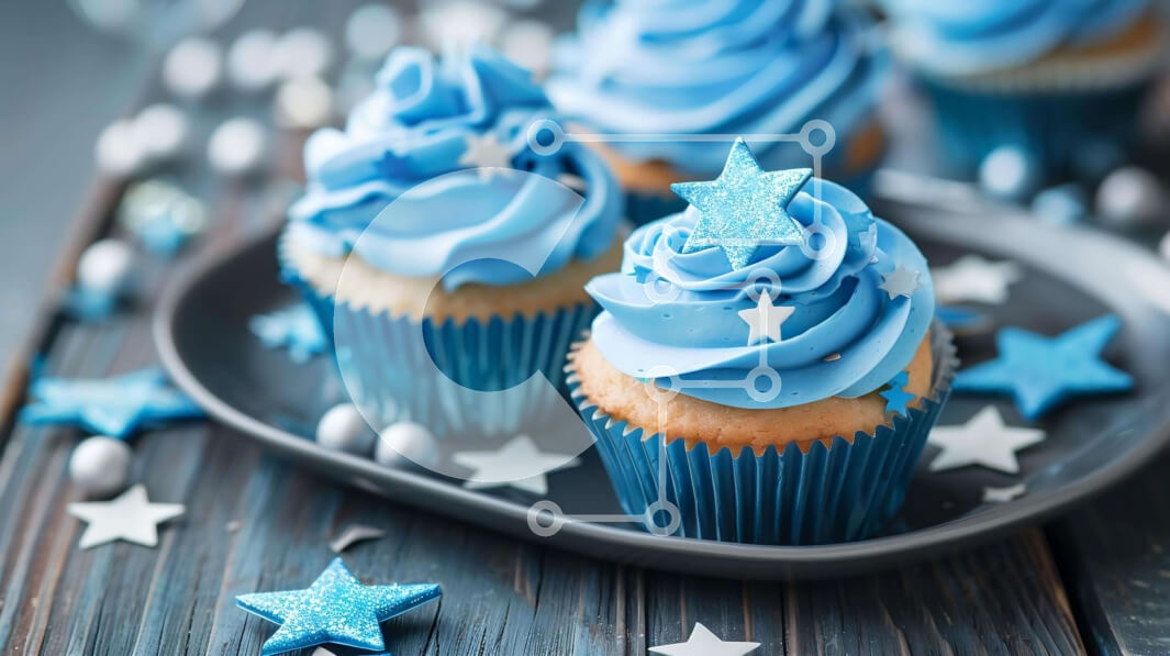 Σετ των 2 Intra Συλλεκτικό Ξύλινο Παζλ Plywood  4mm - Μπλε cupcakes σε μαύρο πιάτο με αστέρια Σε Ξύλινο Κουτί - Διαστάσεις: 10x10 cm – 25 κομμάτια