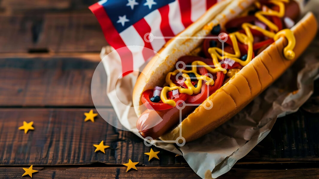 Σετ των 2 Intra Συλλεκτικό Ξύλινο Παζλ Plywood  4mm - Χοτ ντογκ κουλούρι με μουστάρδα, απόλαυση και αμερικανική σημαία Σε Ξύλινο Κουτί - Διαστάσεις: 10x10 cm – 25 κομμάτια