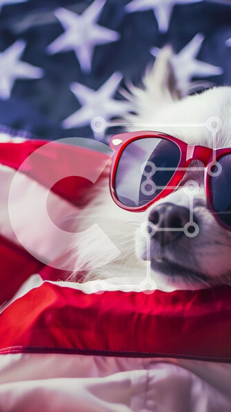 Intra Συλλεκτικό Ξύλινο Παζλ Plywood  4mm - Εορτασμός 4ης Ιουλίου: Σκύλος στην αμερικανική σημαία με γυαλιά ηλίου Σε Ξύλινο Κουτί - Διαστάσεις: 10x10 cm – 25 κομμάτια