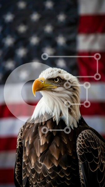 Σετ των 2 Intra Συλλεκτικό Ξύλινο Παζλ Plywood  4mm - Φαλακρός αετός που στέκεται μπροστά από την αμερικανική σημαία Σε Ξύλινο Κουτί - Διαστάσεις: 10x10 cm – 25 κομμάτια