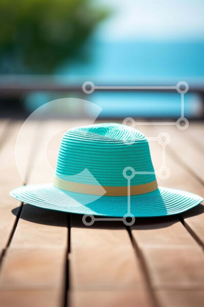 Intra Συλλεκτικό Ξύλινο Παζλ Plywood  4mm - Καπέλο κιρκίρι σε εξωτερικό ξύλινο τραπέζι με φόντο ωκεανού Σε Ξύλινο Κουτί - Διαστάσεις Puzzle: 10x10 cm – 25 κομμάτια