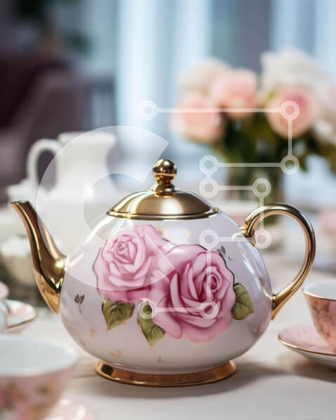 Intra Συλλεκτικό Ξύλινο Παζλ Plywood  4mm - Λευκή τσαγιέρα με τριαντάφυλλα και φλιτζάνια Σε Ξύλινο Κουτί - Διαστάσεις Puzzle: 10x10 cm – 25 κομμάτια