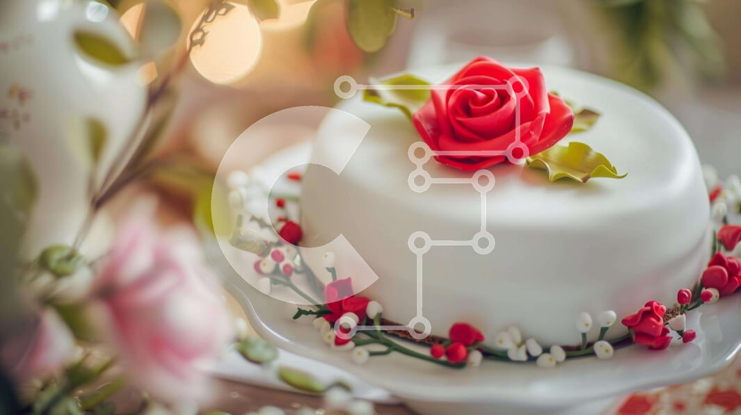 Σετ των 2 Intra Συλλεκτικό Ξύλινο Παζλ Plywood  4mm - Λευκό κέικ με κόκκινα τριαντάφυλλα και πρασινάδα Σε Ξύλινο Κουτί - Διαστάσεις: 10x10 cm – 25 κομμάτια