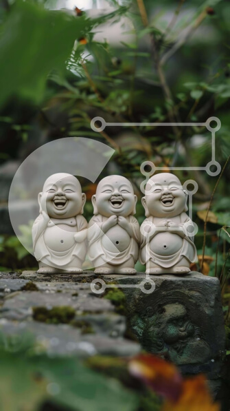 Intra Συλλεκτικό Ξύλινο Παζλ Plywood  4mm - Τρία λευκά αγάλματα του Βούδα στο βράχο με πράσινο Σε Ξύλινο Κουτί - Διαστάσεις Puzzle: 10x10 cm – 25 κομμάτια