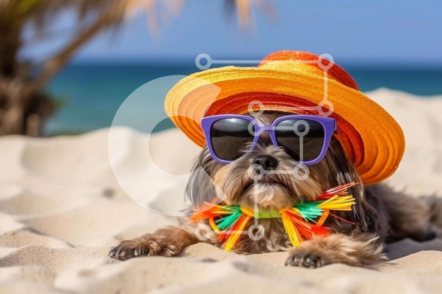 Σετ των 2 Intra Συλλεκτικό Ξύλινο Παζλ Plywood  4mm - Σκύλος με πολύχρωμο καπέλο και γυαλιά ηλίου στην παραλία Σε Ξύλινο Κουτί - Διαστάσεις: 10x10 cm – 25 κομμάτια