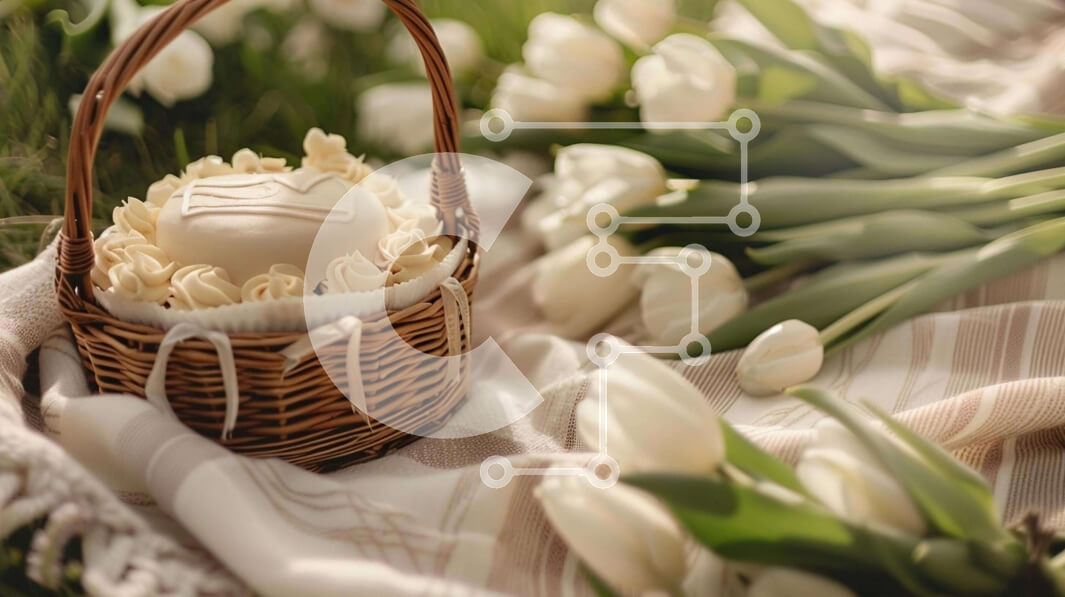 Intra Συλλεκτικό Ξύλινο Παζλ Plywood  4mm - Καλάθι με λευκές τουλίπες και διακοσμημένο κέικ Σε Ξύλινο Κουτί - Διαστάσεις: 10x10 cm – 25 κομμάτια