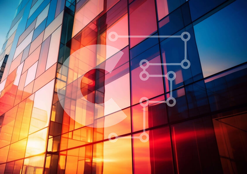 Intra Συλλεκτικό Ξύλινο Παζλ Plywood  4mm - Σύγχρονο κτήριο με πολύχρωμα γυάλινα παράθυρα στο ηλιοβασίλεμα Σε Ξύλινο Κουτί - Διαστάσεις Puzzle: 10x10 cm – 25 κομμάτια