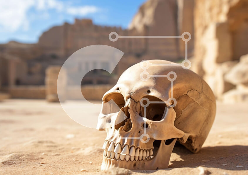 Intra Συλλεκτικό Ξύλινο Παζλ Plywood  4mm - Κρανίο μπροστά από το αρχαίο κτίριο Σε Ξύλινο Κουτί - Διαστάσεις: 10x10 cm – 25 κομμάτια