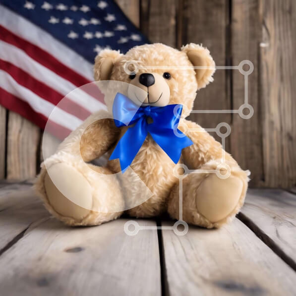 Intra Συλλεκτικό Ξύλινο Παζλ Plywood  4mm - Αρκουδάκι με μπλε κορδέλα και αμερικανική σημαία Σε Ξύλινο Κουτί - Διαστάσεις: 10x10 cm – 25 κομμάτια