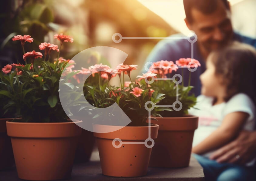 Intra Συλλεκτικό Ξύλινο Παζλ Plywood  4mm - Πατέρας, κόρη και παιδί με λουλούδια σε γλάστρες Σε Ξύλινο Κουτί - Διαστάσεις Puzzle: 10x10 cm – 25 κομμάτια