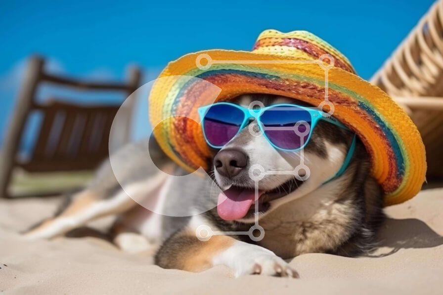 Intra Συλλεκτικό Ξύλινο Παζλ Plywood  4mm - Σκυλί στην παραλία με πολύχρωμο καπέλο και γυαλιά ηλίου Σε Ξύλινο Κουτί - Διαστάσεις: 10x10 cm – 25 κομμάτια