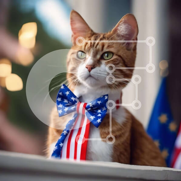 Intra Συλλεκτικό Ξύλινο Παζλ Plywood  4mm - Πορτοκαλί και λευκή γάτα με πατριωτικό παπιγιόν στο περβάζι του παραθύρου Σε Ξύλινο Κουτί - Διαστάσεις: 10x10 cm – 25 κομμάτια