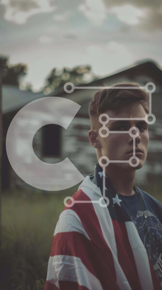 Intra Συλλεκτικό Ξύλινο Παζλ Plywood  4mm - Νεαρός άνδρας με αμερικανική σημαία στο παλιό κτίριο Σε Ξύλινο Κουτί - Διαστάσεις Puzzle: 10x10 cm – 25 κομμάτια