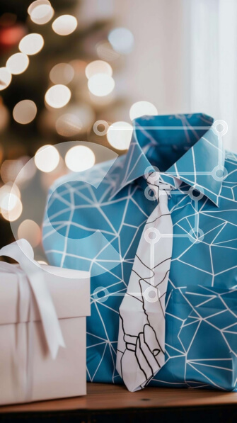 Intra Συλλεκτικό Ξύλινο Παζλ Plywood  4mm - Μπλε και λευκή γραβάτα σε κουτί δώρου με χριστουγεννιάτικο δέντρο Σε Ξύλινο Κουτί - Διαστάσεις Puzzle: 10x10 cm – 25 κομμάτια