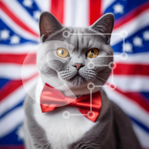 Intra Συλλεκτικό Ξύλινο Παζλ Plywood  4mm - Γκρι γάτα με κόκκινο παπιγιόν και αμερικανική σημαία Σε Ξύλινο Κουτί - Διαστάσεις: 10x10 cm – 25 κομμάτια