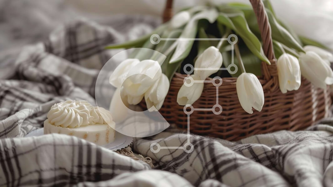 Intra Συλλεκτικό Ξύλινο Παζλ Plywood  4mm - Φρέσκες λευκές τουλίπες και διάταξη κέικ Σε Ξύλινο Κουτί - Διαστάσεις Puzzle: 10x10 cm – 25 κομμάτια