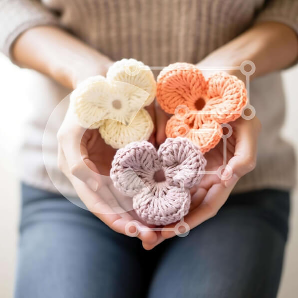 Intra Συλλεκτικό Ξύλινο Παζλ Plywood  4mm - Γυναίκα που κρατά τρία κροσέ λουλούδια Σε Ξύλινο Κουτί - Διαστάσεις Puzzle: 10x10 cm – 25 κομμάτια