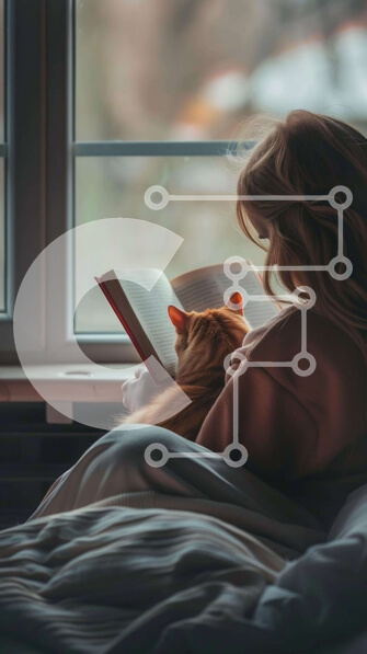 Intra Συλλεκτικό Ξύλινο Παζλ Plywood  4mm - Γυναίκα στο κρεβάτι με γάτα που διαβάζει από τα Windows Σε Ξύλινο Κουτί - Διαστάσεις Puzzle: 10x10 cm – 25 κομμάτια