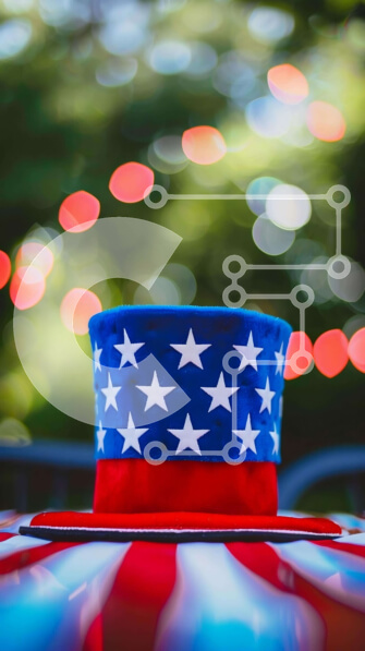 Intra Συλλεκτικό Ξύλινο Παζλ Plywood  4mm - Κόκκινο, λευκό και μπλε καπέλο σε τραπεζομάντιλο με αμερικανική σημαία Σε Ξύλινο Κουτί - Διαστάσεις: 10x10 cm – 25 κομμάτια