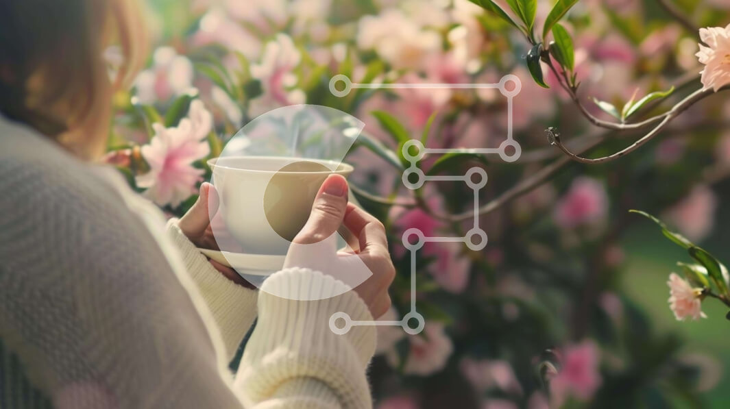 Intra Συλλεκτικό Ξύλινο Παζλ Plywood  4mm - Γυναίκα με φλιτζάνι καφέ ή τσάι που περιβάλλεται από ανθισμένα λουλούδια Σε Ξύλινο Κουτί - Διαστάσεις: 10x10 cm – 25 κομμάτια