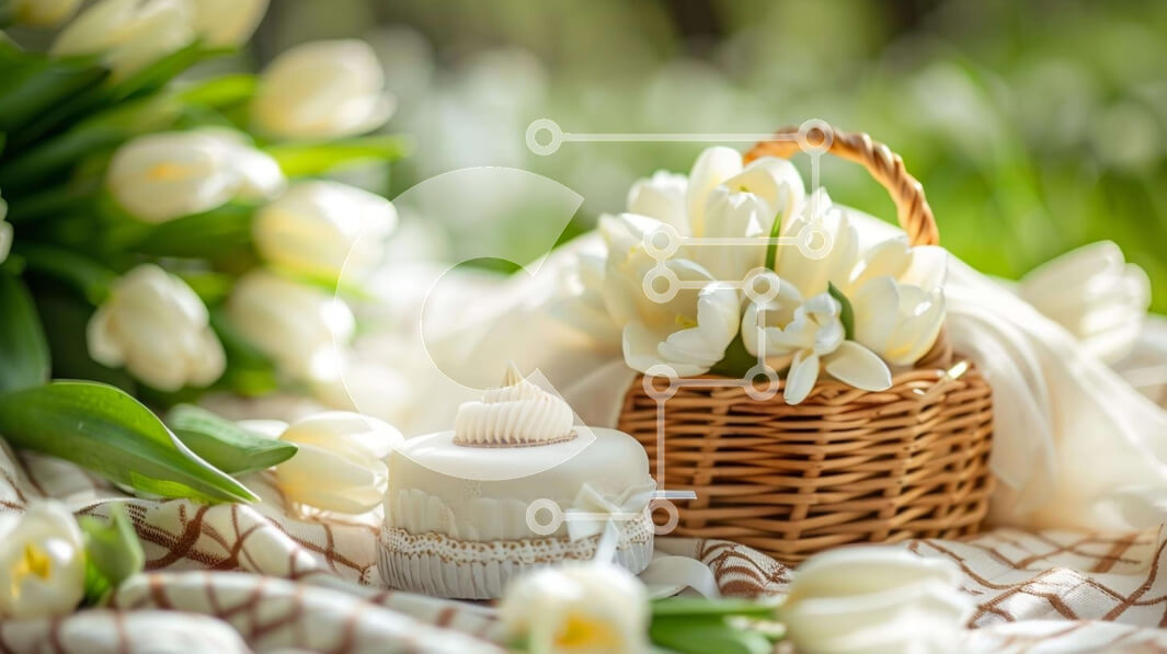 Intra Συλλεκτικό Ξύλινο Παζλ Plywood  4mm - Καλάθι και κέικ με λευκές τουλίπες Σε Ξύλινο Κουτί - Διαστάσεις: 10x10 cm – 25 κομμάτια