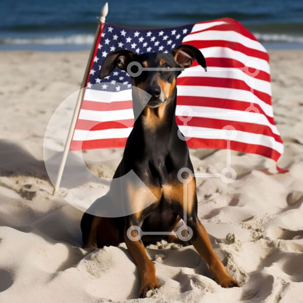 Intra Συλλεκτικό Ξύλινο Παζλ Plywood  4mm - Μαύρο και καφέ σκυλί που στηρίζεται στην αμερικανική σημαία στην παραλία Σε Ξύλινο Κουτί - Διαστάσεις: 10x10 cm – 25 κομμάτια