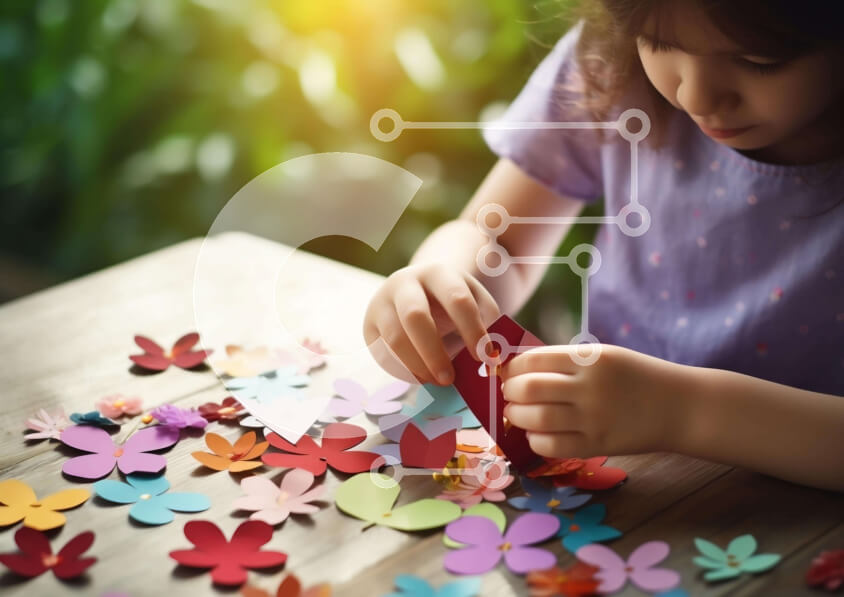 Intra Συλλεκτικό Ξύλινο Παζλ Plywood  4mm - Νεαρό κορίτσι που χειροτεχνεί με πολύχρωμα χάρτινα λουλούδια Σε Ξύλινο Κουτί - Διαστάσεις Puzzle: 10x10 cm – 25 κομμάτια