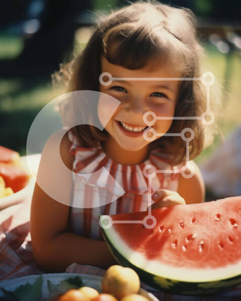 Σετ των 2 Intra Συλλεκτικό Ξύλινο Παζλ Plywood  4mm - Νεαρό κορίτσι που απολαμβάνει το καρπούζι στο τραπέζι πικνίκ Σε Ξύλινο Κουτί - Διαστάσεις: 10x10 cm – 25 κομμάτια