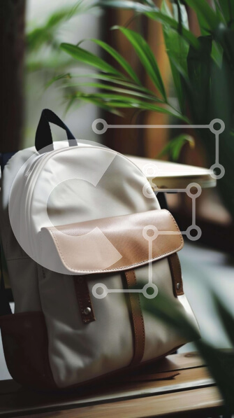 Intra Συλλεκτικό Ξύλινο Παζλ Plywood  4mm - Λευκό σακίδιο πλάτης σε ξύλινο πάγκο με μικρό φυτό Σε Ξύλινο Κουτί - Διαστάσεις: 10x10 cm – 25 κομμάτια