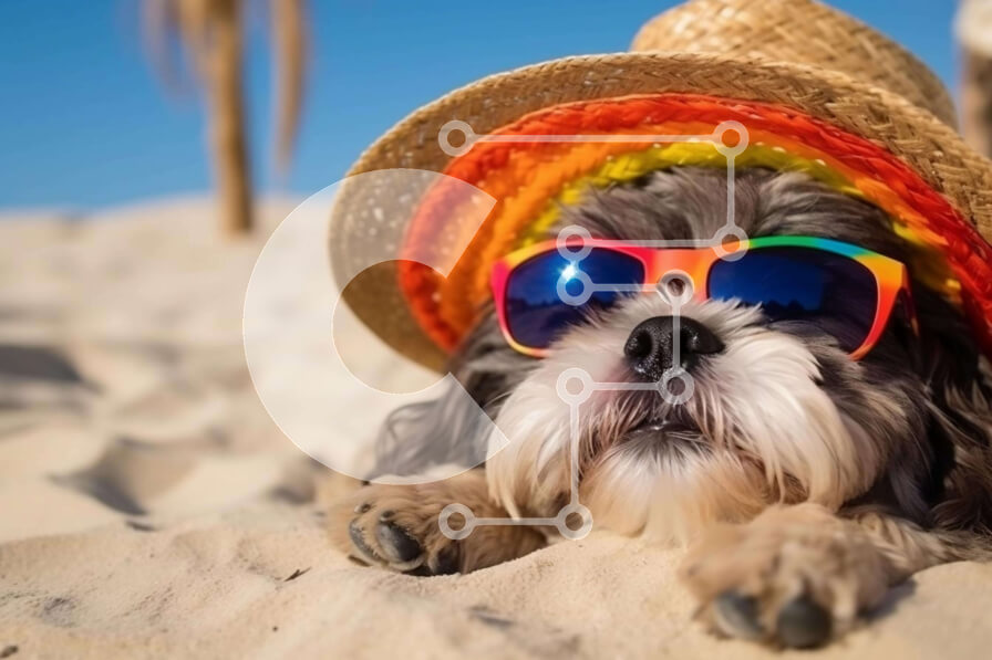 Σετ των 2 Intra Συλλεκτικό Ξύλινο Παζλ Plywood  4mm - Μικρό σκυλί που φοράει γυαλιά ηλίου στην παραλία Σε Ξύλινο Κουτί - Διαστάσεις: 10x10 cm – 25 κομμάτια