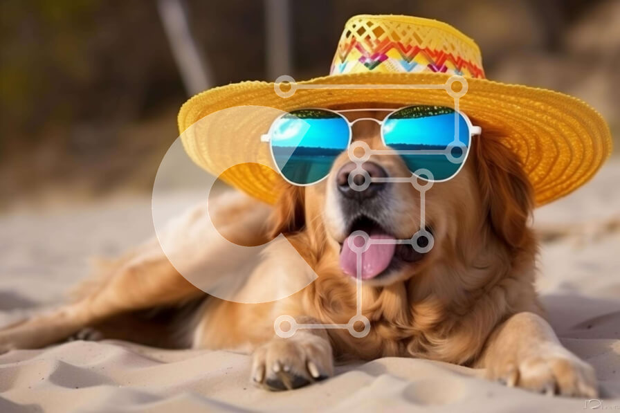 Σετ των 2 Intra Συλλεκτικό Ξύλινο Παζλ Plywood  4mm - Golden Dog με καπέλο και γυαλιά ηλίου στην παραλία Σε Ξύλινο Κουτί - Διαστάσεις: 10x10 cm – 25 κομμάτια