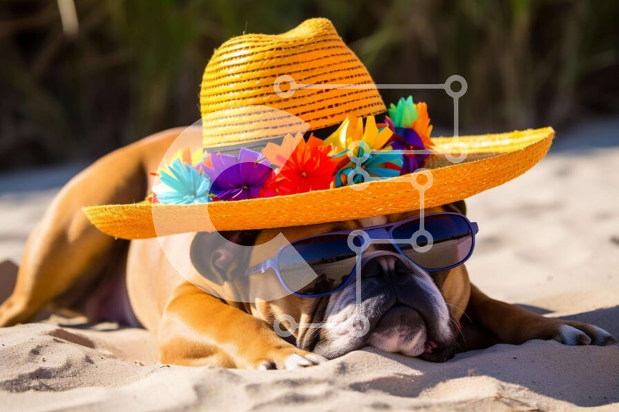 Σετ των 2 Intra Συλλεκτικό Ξύλινο Παζλ Plywood  4mm - Μπουλντόγκ στην παραλία με γυαλιά ηλίου και καπέλο λουλουδιών Σε Ξύλινο Κουτί - Διαστάσεις: 10x10 cm – 25 κομμάτια