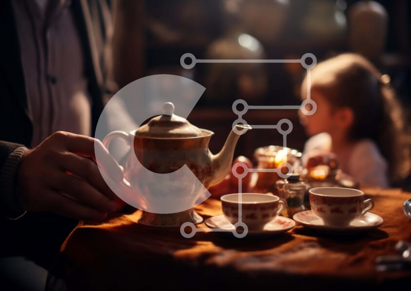 Σετ των 2 Intra Συλλεκτικό Ξύλινο Παζλ Plywood  4mm - Τσαγιέρα, φλιτζάνια, πιατάκια και ένα μικρό κορίτσι Σε Ξύλινο Κουτί - Διαστάσεις: 10x10 cm – 25 κομμάτια