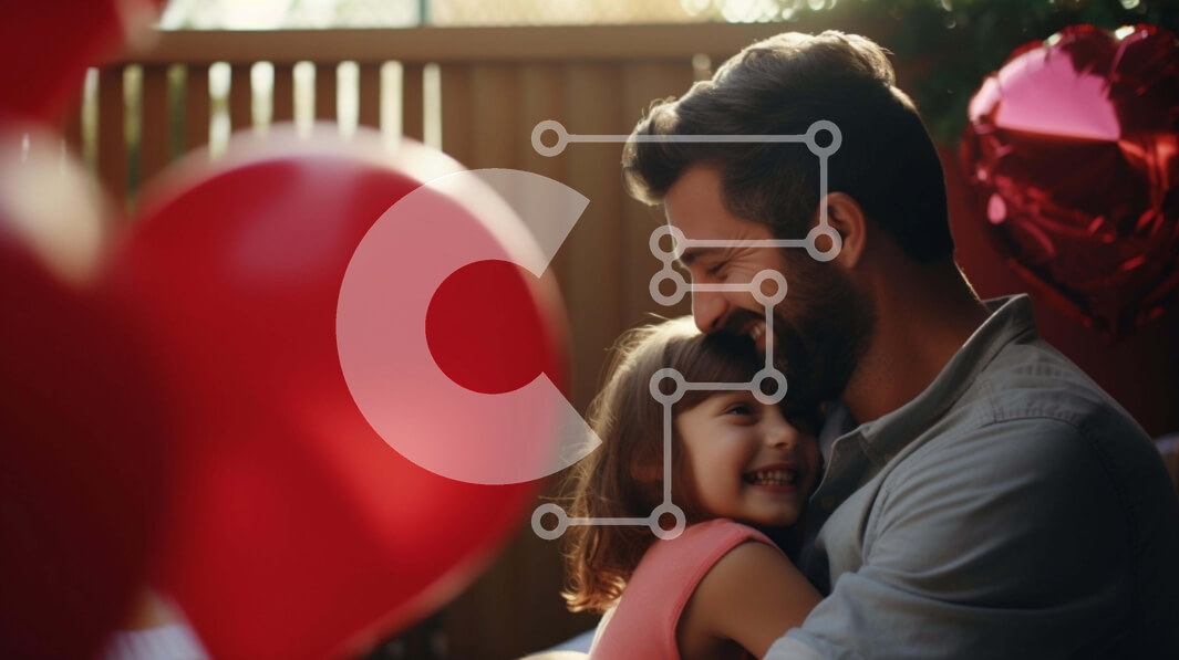 Intra Συλλεκτικό Ξύλινο Παζλ Plywood  4mm - Πατέρας και κόρη αγκαλιάζονται με κόκκινα μπαλόνια Σε Ξύλινο Κουτί - Διαστάσεις Puzzle: 10x10 cm – 25 κομμάτια